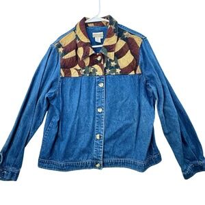 Coldwater Creek Denim Jacket Women XL‎ Blue American Flag Tapestry Patriotic